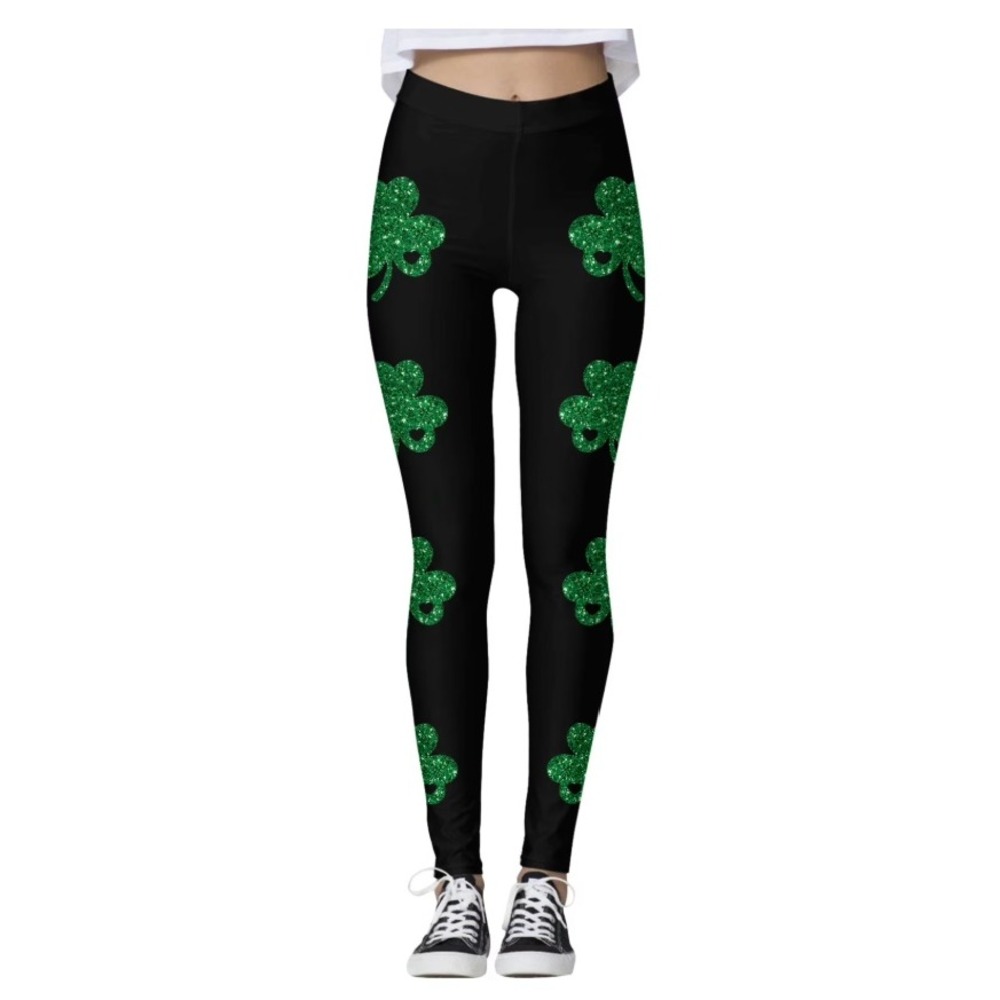 Unbranded Leggings Women Large Black Green Shamrock Glitter St Patricks Day